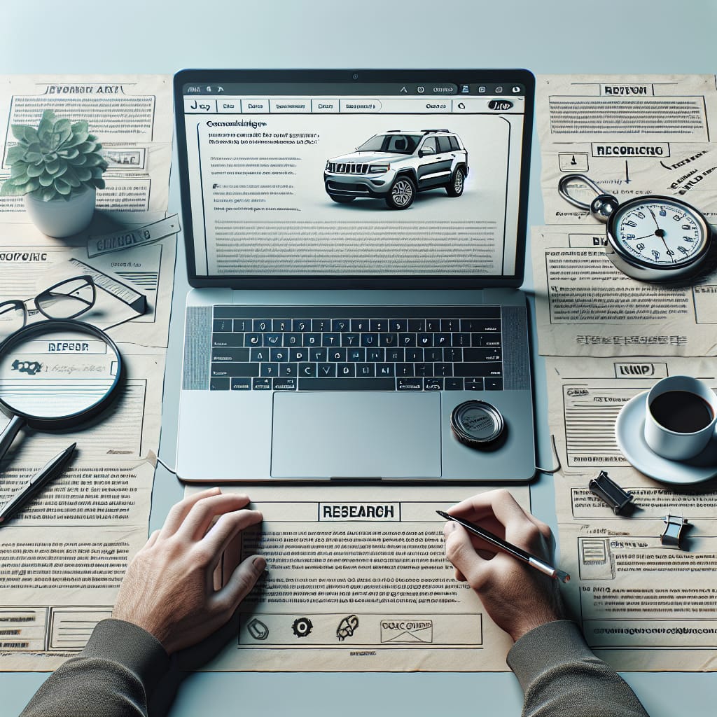 “Key Considerations for Selecting a Jeep Extended Warranty in Canada” A desk with a laptop displaying a blog post titled "Key Considerations for Selecting a Jeep Extended Warranty in Canada," surrounded by notes and a cup of coffee, emphasizing research and decision-making for warranty selection.