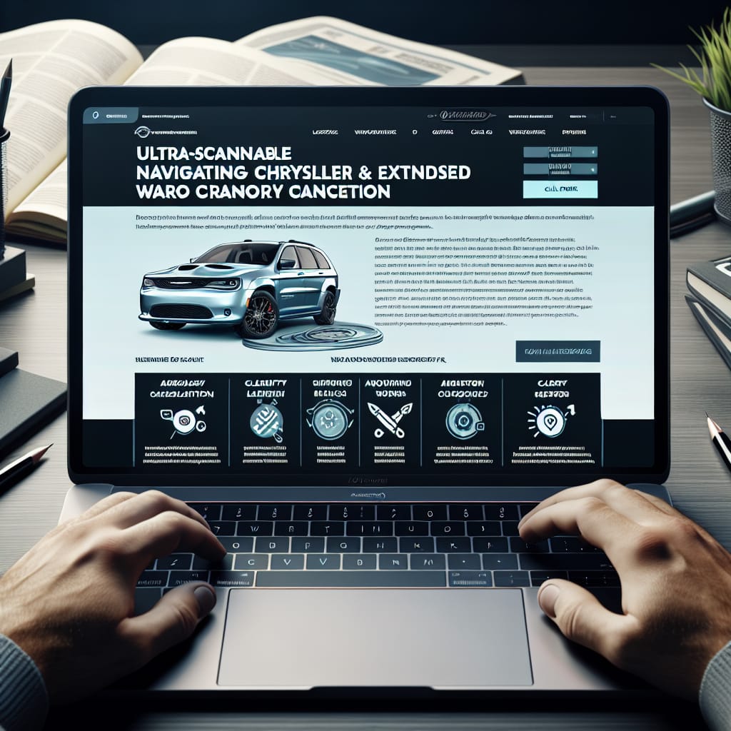 “Navigating Chrysler Mopar Extended Warranty Cancellation: A Step-by-Step Guide” A laptop displaying a technical blog post about navigating the cancellation process for Chrysler Mopar extended warranties, featuring an organized layout with bullet points and FAQs, emphasizing clarity and guidance.