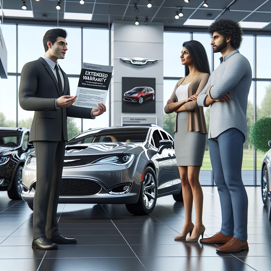 “Navigating Chrysler Pacifica Warranty Options: A Dealer’s Insight” A car dealership representative discussing warranty options with a couple in front of a Chrysler Pacifica in a showroom setting.