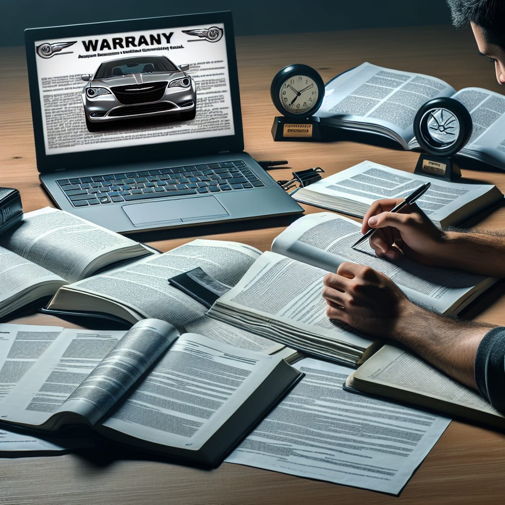“Navigating Chrysler Warranty Denials: A Guide to Appeal Strategies” A person reviewing documents and taking notes, surrounded by automotive manuals and a laptop displaying a Chrysler logo, symbolizing the process of understanding and appealing Chrysler warranty denials.