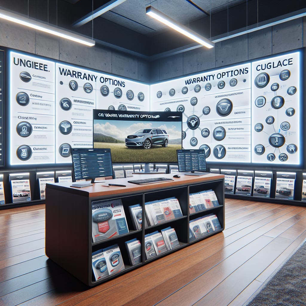 “Navigating Chrysler Warranty Options: Key Considerations for Informed Decisions” A car dealership office with brochures and a computer screen displaying warranty options, illustrating the process of navigating Chrysler warranty decisions.
