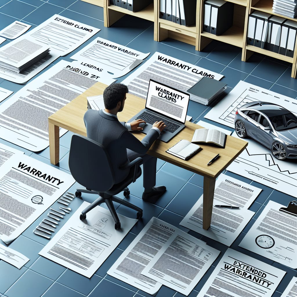 “Navigating Extended Warranty Claims for 2022 Chrysler Pacifica” A person sits at a desk with a laptop, surrounded by documents related to warranty claims for a 2022 Chrysler Pacifica, illustrating the process of navigating extended warranty claims.
