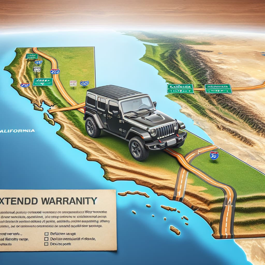 “Navigating Jeep Extended Warranty Options in California” A map of California with a focus on a Jeep vehicle, highlighting options and decision criteria for extended warranty coverage in the state.