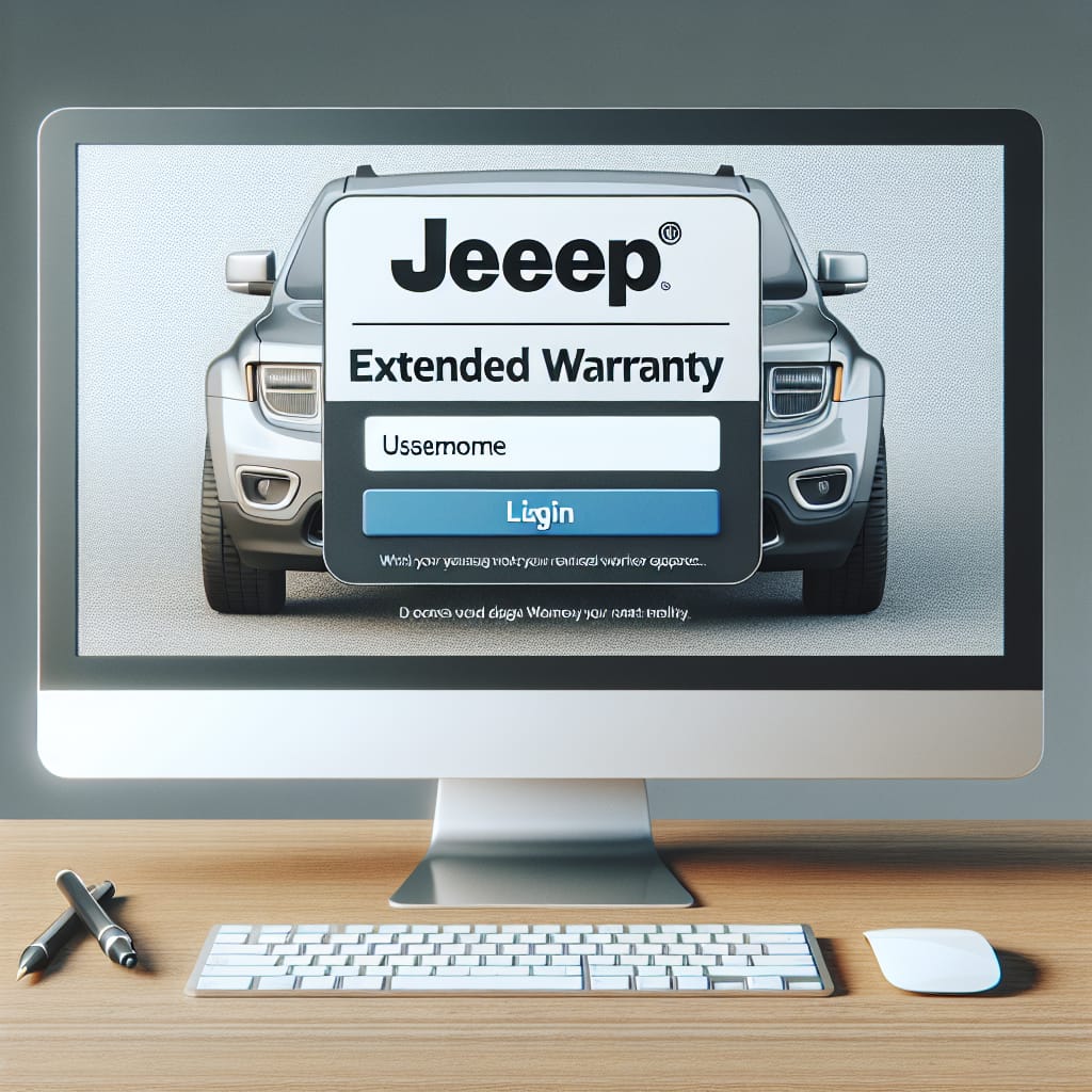 “Navigating the Jeep Extended Warranty Login Interface” A computer screen displaying the Jeep Extended Warranty login interface, showing fields for username and password entry with a "Login" button below, set against a neutral background.