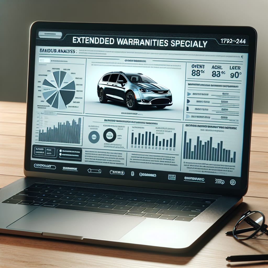 “Optimizing Chrysler Pacifica Coverage: Extended Warranty Insights” An open laptop displaying a detailed analysis and insights on extended warranties for Chrysler Pacifica vehicles, with graphs and text, set on a wooden desk.
