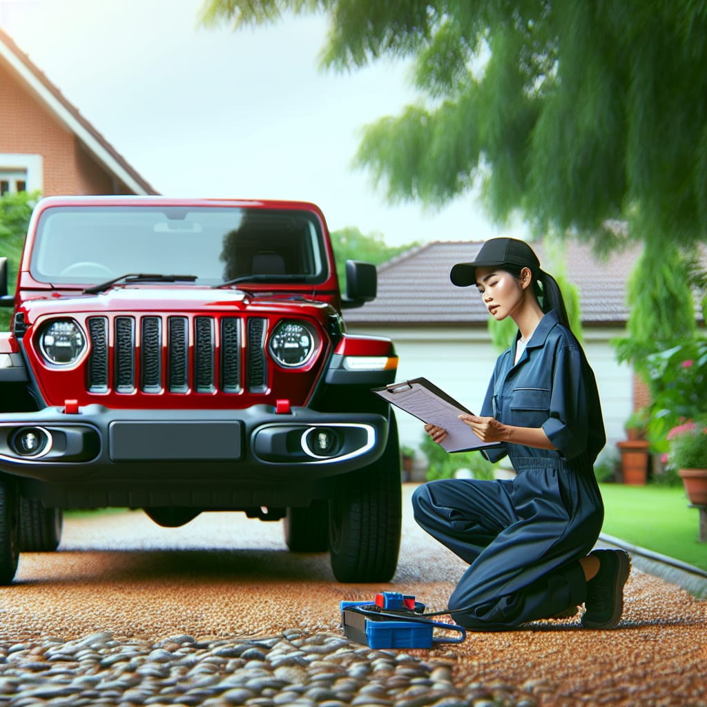 “Reddit’s Essential Jeep Maintenance Tips to Preserve Warranty” A red Jeep SUV parked in a driveway, with a mechanic holding a checklist, illustrating the theme of maintaining a vehicle to preserve its warranty.