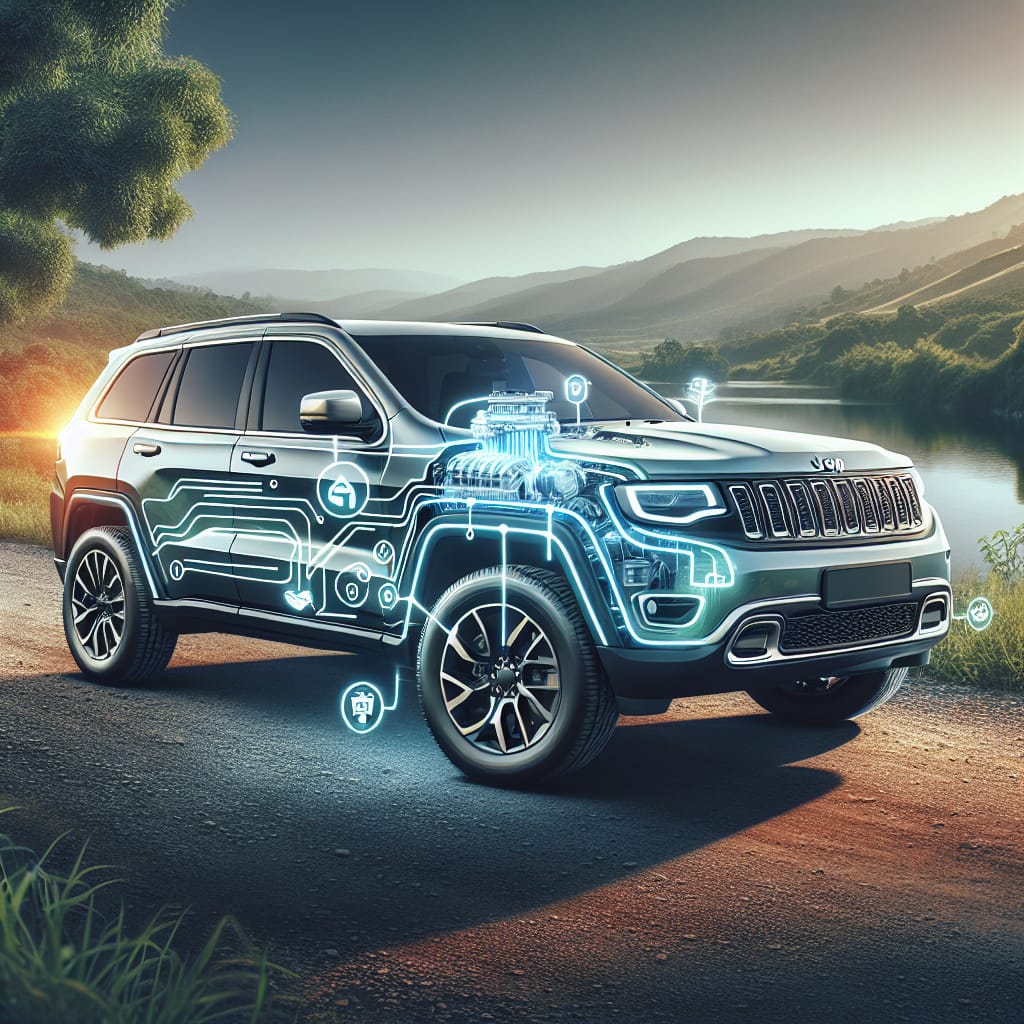 “Streamlined Insights: Navigating Jeep’s Extended Warranty Support” A sleek Jeep SUV parked on a scenic road, with a digital overlay highlighting key features of Jeep's extended warranty support system.