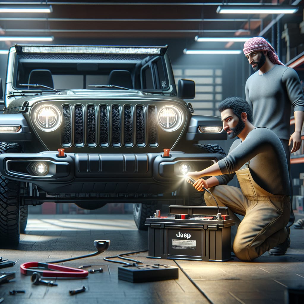“Understanding Battery Coverage in Jeep Extended Warranties” A Jeep Wrangler parked in a garage, with a mechanic examining the vehicle's battery, emphasizing the focus on battery coverage within Jeep extended warranties.