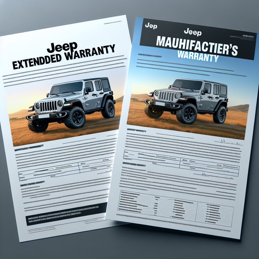“Understanding Coverage: Jeep Extended vs. Manufacturer’s Warranty” A side-by-side comparison of two documents titled "Jeep Extended Warranty" and "Manufacturer's Warranty" with a jeep in the background.