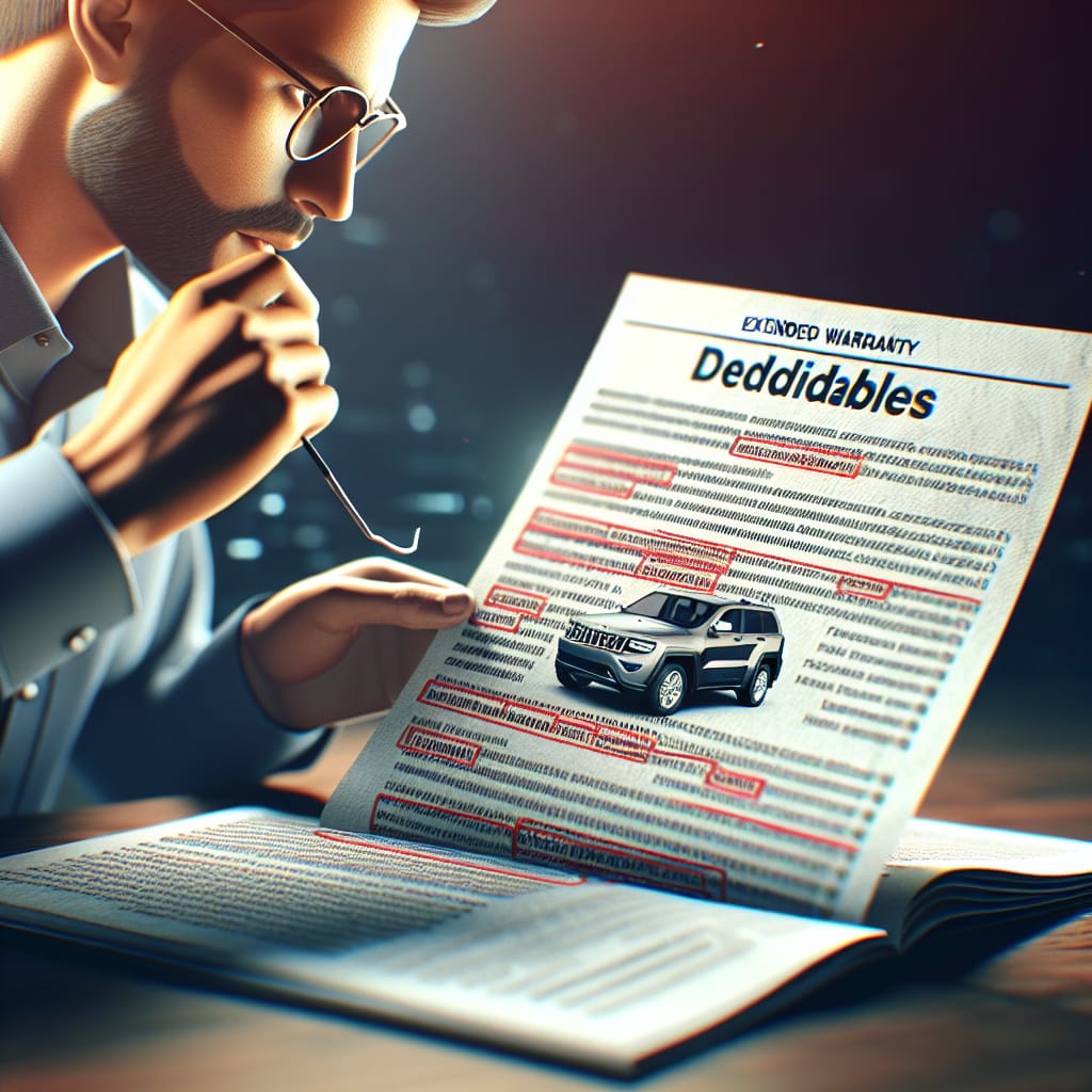“Understanding Deductibles in Jeep Extended Warranties” A person examining a document titled "Understanding Deductibles in Jeep Extended Warranties" with a focus on deciphering key information about deductibles, applicable to Jeep owners considering extended warranty options.
