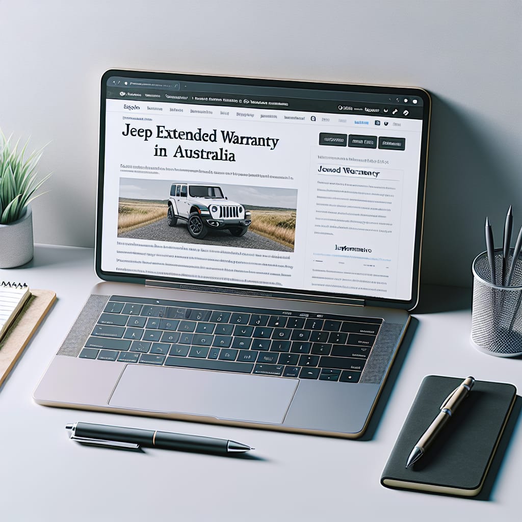 “Understanding Jeep Extended Warranty Options in Australia” A neatly organized desk with a laptop displaying a technical blog post about Jeep extended warranty options in Australia, alongside a notepad, pen, and a small plant, conveying a professional and informative setting.