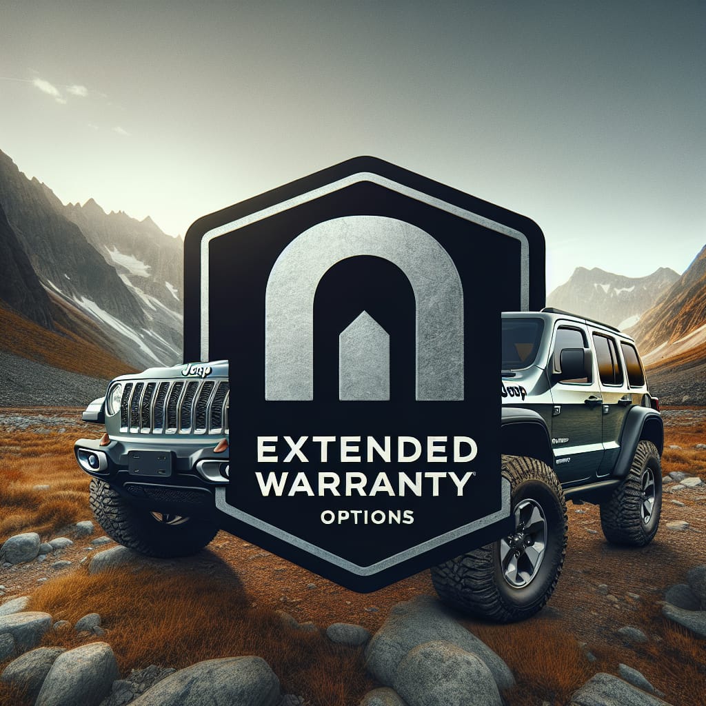 “Understanding Jeep Extended Warranty Options with Mopar’s Coverage” A close-up image of a Jeep vehicle parked on a rugged terrain with the Mopar logo in the corner, symbolizing the brand's extended warranty options.