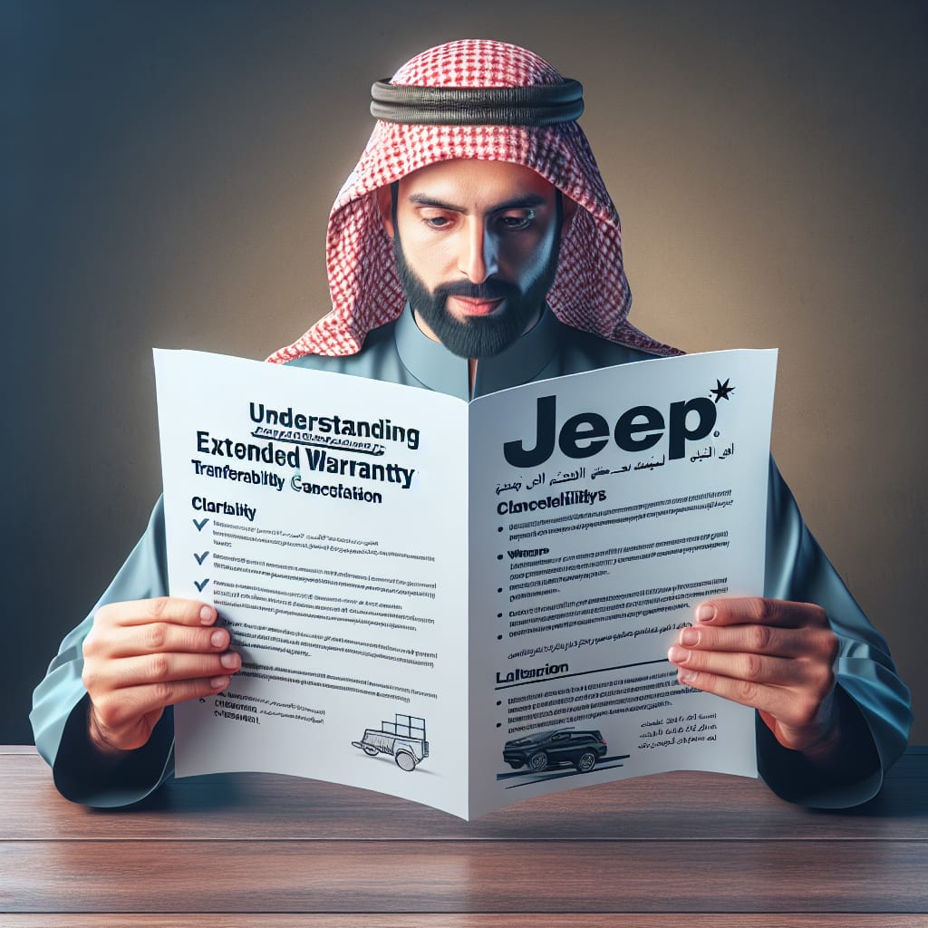 “Understanding Jeep’s Extended Warranty: Transferability and Cancellation Explained” A person reading a document titled "Understanding Jeep's Extended Warranty: Transferability and Cancellation Explained" with sections on warranty transferability, cancellation criteria, and FAQs, emphasizing clarity and decision-making, targeted at Jeep owners considering extended warranty options.