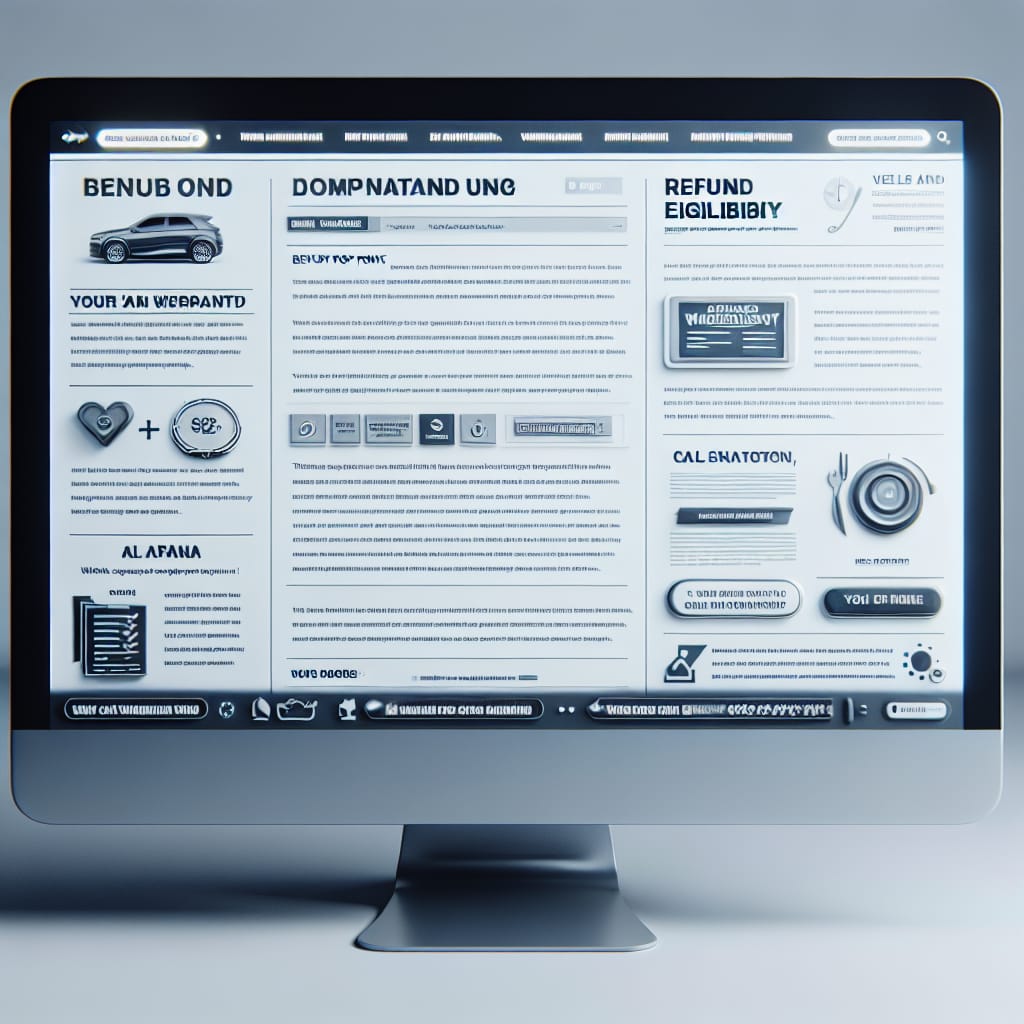 “Understanding Refund Eligibility for Chrysler’s Extended Warranty” A computer screen displaying a detailed blog post about Chrysler's extended warranty refund eligibility, with sections and bullet points for easy scanning, alongside a phone number and website call-to-action for further information.