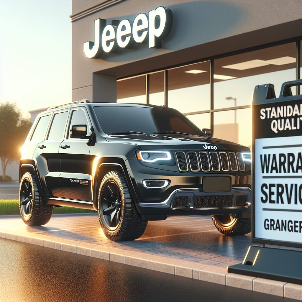 “Understanding Start and End Points of Jeep Extended Warranty in Granger” A black Jeep SUV parked in front of a dealership, with a focus on the vehicle's details and a nearby sign indicating warranty services are available in Granger.