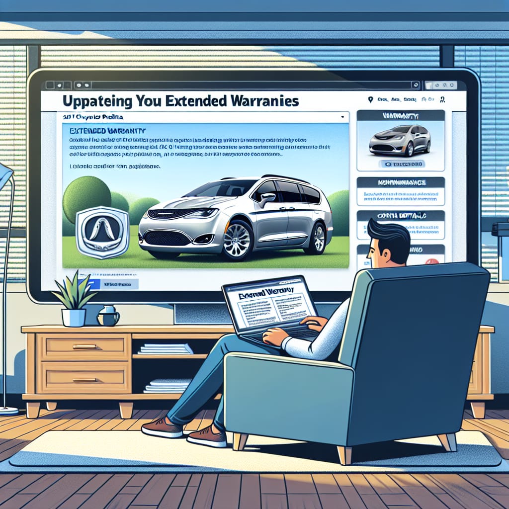 “Understanding Your 2017 Chrysler Pacifica Extended Warranty Options” A person reviewing options for extended warranties on a 2017 Chrysler Pacifica, browsing a webpage with detailed information, including a list of frequently asked questions and contact details for further assistance.