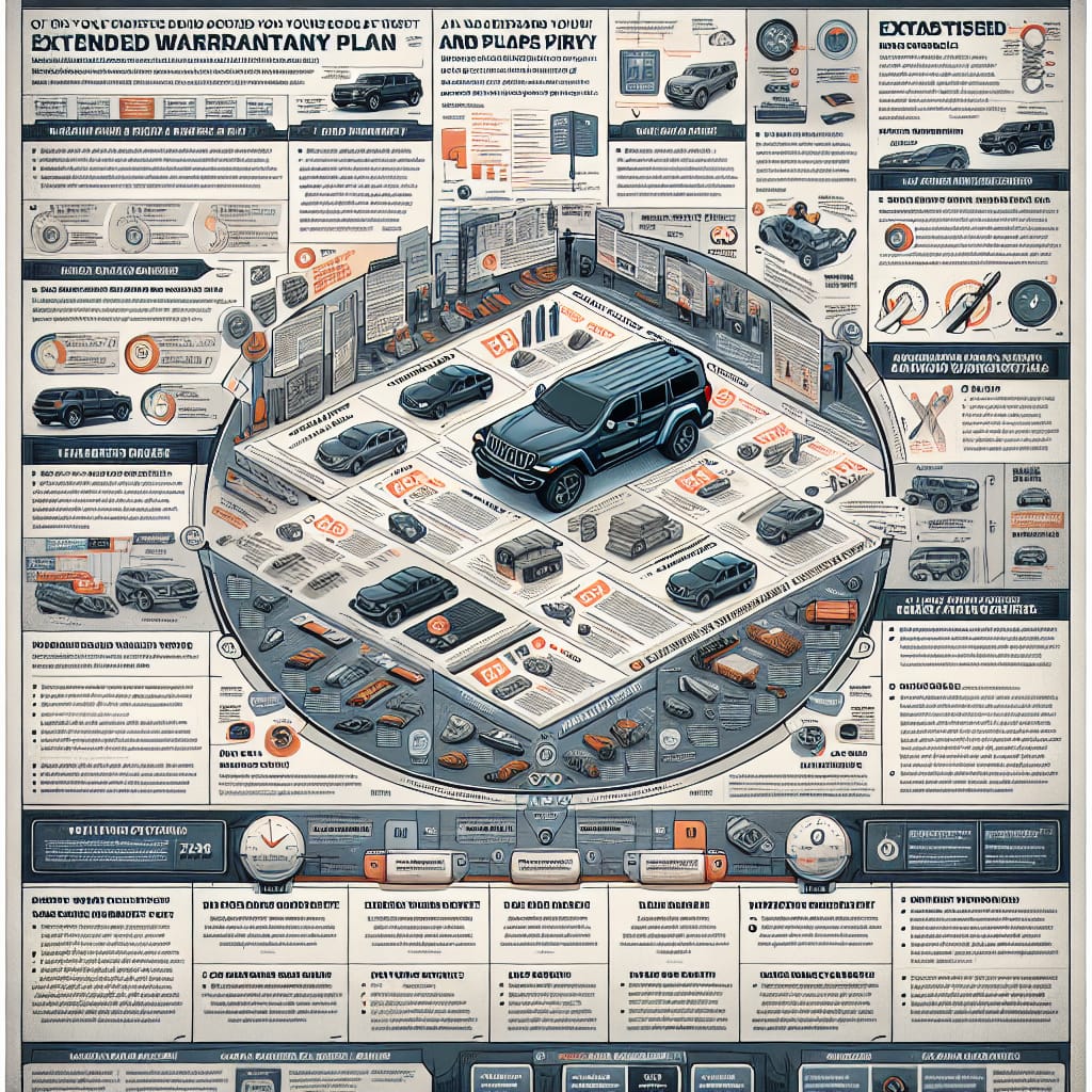 “Visual Guide: Navigating Jeep Extended Warranty Coverage Nuances” A detailed infographic illustrating the complexities and coverage options of Jeep extended warranty plans, highlighting key decision criteria and qualifiers for potential buyers.